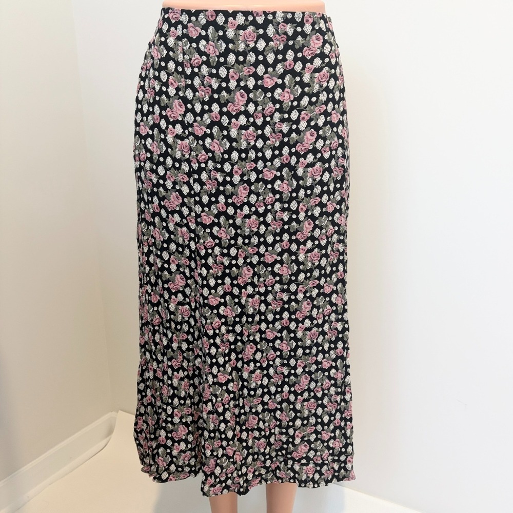 VTG Midi Skirt Cottage Fairy Floral Rose Print Plus Prairie Black Pink